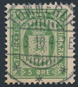 1902. 5 øre, grøn. Tk.12. PRAGT-mærke med retvendt stempel TOMMERUP 18.3.10.
