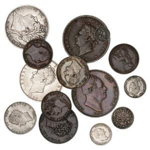 England, Georg IV, lille lot sølv og kobbermønter, Farthing, 12, 1, 3, 4 Pence, Shilling, 12 Crown, bl.a. 12 Crown 1820, KM 676, shilling 1836, KM 713