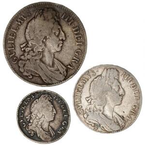 England, William III, Shilling 1797, 12 Crown 1696, Crown 1696, KM 497.7, 491.18, 486, i alt 3 stk.