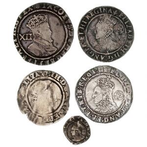 England, Elisabeth I, Penny ND, 6 Pence 15643, 1567, 1602 KM 5, James I, Shilling ND KM 28, i alt 5 stk.