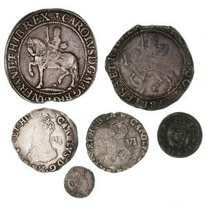 England, Charles I, Farthing ND KM 78.3, Penny ND, 6 Pence ND 2 stk. KM 94, 12 Crown ND 2, i alt 6 stk.