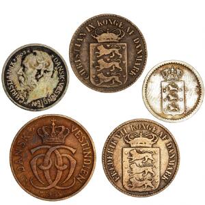 Dansk Vestindien, 10 skilling 1848, H 17, øvrige mønter 4 stk., samlet 5 stk.