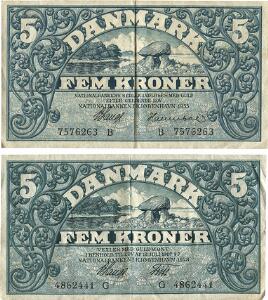 5 kr 1828, Lange  Friis, G 4862441 5 kr 1935, Lange  Hannibal, B 7576263, Sieg 100, Dop 113, Pick 20. 2