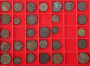 Engelske kolonier m.m., lille lot kobbermønter, bl.a. Jersey, Isle of Man, Ceylon, Gibraltar samt diverse 12 penny tokens, i alt 29 stk.