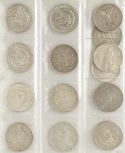 USA, dollar 1881 - 1922, 13 stk., KM 110, 150 samt Mexico, 8 realer 1887, KM  377, i alt 14 stk.