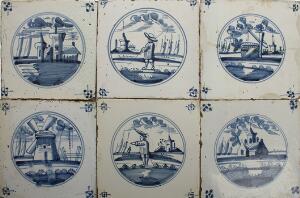 Seks fliser dekoreret i blå med hollandske motiver. 19. årh. 6