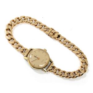 Omega Forgyldt damearmbåndsur med lænke af 14 kt. guld. Model de Ville. Mekanisk værk med manuelt optræk. Kassediam. 21 mm.