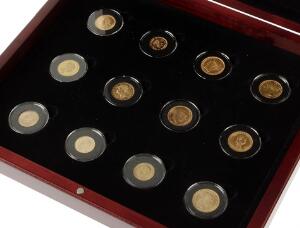 Guldmønter Europas Guldarv med mønter fra Belgien, Danmark, England, Frankrig, Holland, Italien, Rusland, Schweiz, Tyskland og Ungarn, i alt 15 stk.