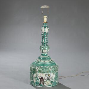 Bjørn Wiinblad Gulvbordlampe af lertøj dekoreret med grøn og hvid glasur samt visende mand og kvinde.
