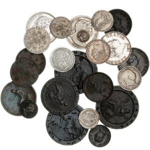 England, Georg III, lille lot sølv og kobbermønter, Farthing, 12, 1, 6 Pence, Shilling, 12 Crown, bl.a. 12 Crown 1819, KM 672