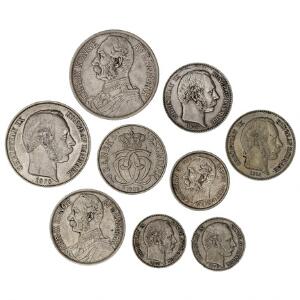 Dansk Vestindien, Christian IX, lille lot på 9 forskellige mønter inkl. 2 Francs  40 Cents 1905. 9