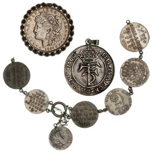 Frederik III, øjemonteret 4 mark  krone 1660, H 95A, Aagaard 72, støbt med loddespor og med vægt på 36,3 g, armbånd med skillingsmønter samt USA mønt
