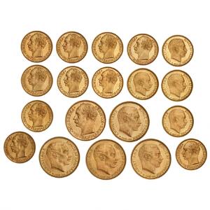 Frederik VIII og Christian X, 5 guld-tyvekroner og 14 guld-tikroner i kvaliteter omkring 01
