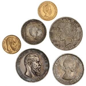 Belgien, 20 Francs 1867, F 412, Holland, 10 Gulden 1911, F 349 samt 4 stk. sølvmønter fra Canada, Tyskland og USA, i alt 6 stk.