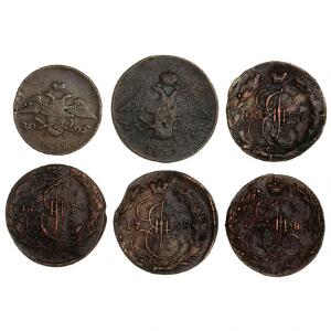Rusland, 17 kobbermønter, 18. - 20. århundrede, inkl. 5 Kopek 1768, 1770, 1771, 1785.