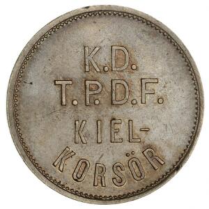 Tegn til brug på dampskibsruten Kiel-Korsör fra ca. 1890. Tegnet er et bagage kontroltegn til bagage for passagerer på 1. klasse, 28,8 mm nysølv, Sømod 4325
