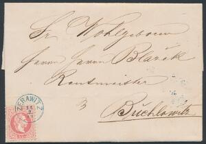 Østrig. 1871. 5 kr. rød på pragtbrev med blåt stempel ZERAWITZ 14.9.71