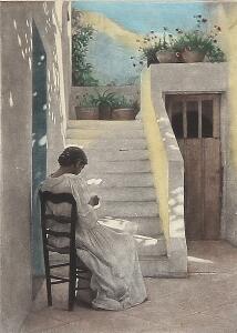 Peter Ilsted Syende pige ved en italiensk villa. 1928. Sign. Peter Ilsted. Pladestørrelse 26 x 19. U.r.