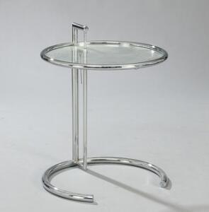 Eileen Gray Sidebord med stel af forkromet stål. Cirkulær plade af glas. Udført hos Aram Designs, London. H. 63.69. Diam. 51.