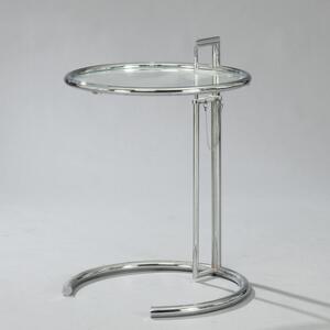 Eileen Gray Sidebord med stel af forkromet stål. Cirkulær plade af glas. Udført hos Aram Designs, London. H. 63.69. Diam. 51.