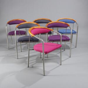 Henrik Tengler Chairman. Et sæt på seks armstole med kopstykker af kirsebærtræ, stel af børstet stål, betræk i forskellige farver. 6