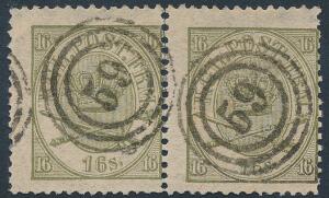 1864. 16 sk. oliven. Parstykke med nr.stempler 59. AFA 3200