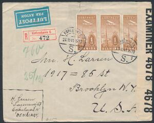 1934. Luftpost 1 kr. brun. 3 stk. på dekorativt REC-luftpostbrev med censur til USA