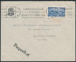 1925. Landskab. 35 aur, blå. Single på SKIBS-brev til Tyskland, annulleret med NORSK stempel BERGEN 18.1.28 og liniestempel PAQUEBOT.