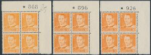 1948. Fr.IX. 30 øre, orange. 3 postfrisk øvre MARGINAL 4-BLOKKE med forskellige numre. AFA 1550