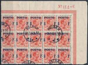 1921. Porto. 10 Øre, Chr.X, PORTO S F, rød. Stemplet 15-BLOK med fuld HJØRNEMARGINAL No 114-C. AFA 3300