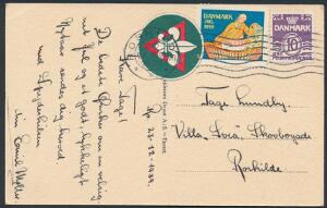 1939. SPEJDER kort med spejder-mærkat samt julemærke 1939 og 10 øre, violet. Sendt fra ROSKILDE 24 DEC 1939.