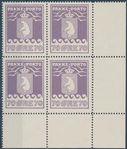 1937. Schultz. 70 øre, violet. Postfrisk nedre marginal 4-BLOK. AFA 1400