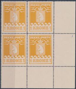 1937. Schultz. 1 kr. orange. Postfrisk nedre marginal 4-BLOK. AFA 1520