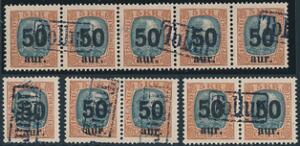 1925. Provisorium. 50 Aur5 kr. gråblåbrun. 10 mærker med Tollur-stempler incl. 5-STRIBE. Facit 1800