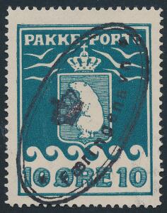 1915. 10 øre, grønblå. PRAGT-mærke med perfekt placeret ovalt stempel Færingehavn.