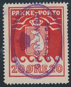 1915. 20 øre, rød. LUXUS-mærke, med perfekt ovalt stempel i lysende violet farve.
