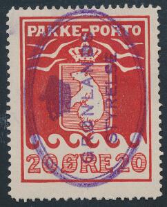 1915. 20 øre, rød. LUXUS-mærke, med perfekt ovalt stempel i lysende violet farve.