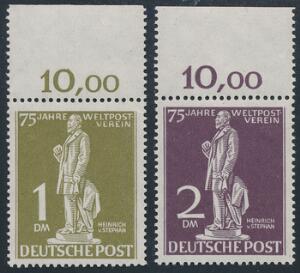 Berlin. 1949. UPU. 1 DM. oliven og 2 DM. sortlilla. 2 flotte postfriske mærke, begge med marginal i toppen. Michel EURO 320