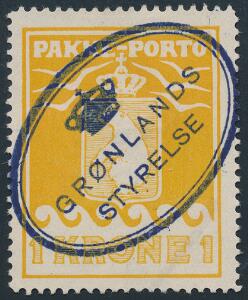 1930. Thiele. 1 kr. orange. PRAGT-mærke med perfekt placeret blåviolet ovalt stempel GRØNLANDS STYRELSE. AFA 1200