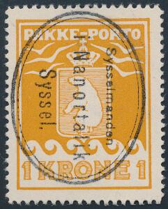 1937. Schultz. 1 kr. orange. PRAGT-mærke med perfekt stempel Sysselmanden i Nanortalik Syssel.