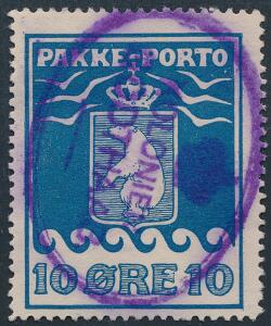 1905. 10 øre, blå. PRAGT-mærke, annulleret med velplaceret ovalt violet stempel KOLONIEN GODTHAAB.