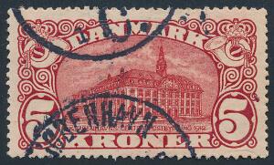 1915. 5 kr. Posthus, brunrød. Vm.IV. Stemplet.
