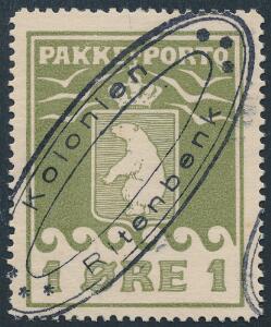 1905. 1 øre, olivengrøn. Smukt mærke, annulleret med spidst ovalt stempel Kolonien Ritenbenk. AFA 6000. Udtalelse Møller BPP
