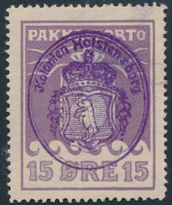 1915. 15 øre, violet. Kartonpapir. PRAGT-mærke med perfekt placeret violet stempel Kolonien Holsteinsborg.