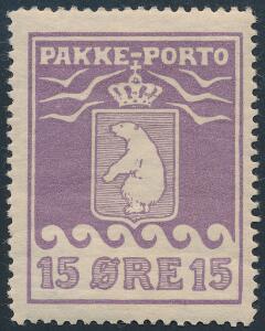 1915. 15 øre, violet. Kartonpapir. Smukt ubrugt mærke. AFA 1900