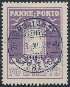 1936. A  L. 70 øre, violet. Med perfekt retvendt stempel GRØNLANDS STYRELSE 3.XI.38. Attest Nielsen PRAGTEKSEMPLAR.