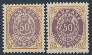 1895. 50 øre, brunlilla, tk.12. Ret og omvendt ramme. 2 perfekte postfriske mærker. AFA 2800