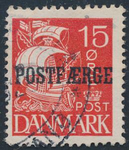 1927. 15 øre, rød. Annulleret med ovalstempel Esbjerg-Fanø Færgeri. Variant RETOUCHERET LINIE I STORSEJL. AFA 5000. Attest Møller.