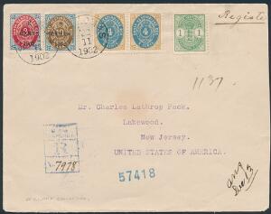1902. Dekorativ frankering på smukt anbefalet brev sendt til USA, annulleret ST. THOMAS 22.11.1902.
