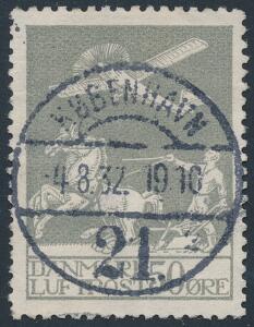 1929. Gl. luftpost 50 øre, grå. Retvendt LUXUS-stempel KØBENHAVN 4.8.32.